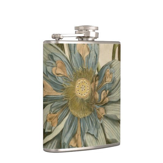 Blauwe Lotus-ventilator op Tan-achtergrond met sch Heupfles (Rechts)