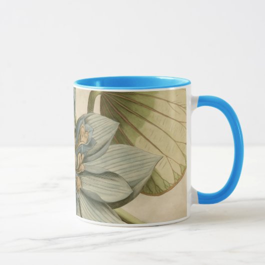 Blauwe Lotus-ventilator op Tan-achtergrond met sch Mok (Rechts)