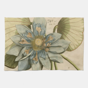 Blauwe Lotus-ventilator op Tan-achtergrond met sch Theedoek