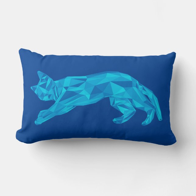 Blauwe Lowpoly Uitgestrekte Kat Kussen (Voorkant)