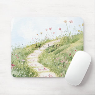 Blauwe Lucht Gras Pad Roze Bloemen Muismat