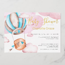 Blauwe luchtballon in het wolkenBaby shower Folie Uitnodiging