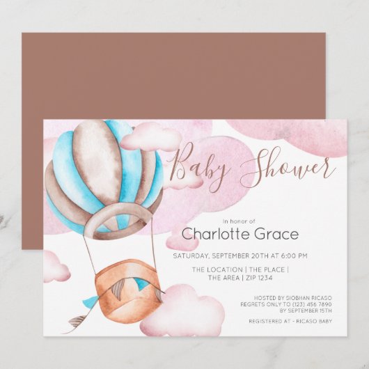 Blauwe luchtballon in het wolkenBaby shower Kaart (Voorkant / Achterkant)