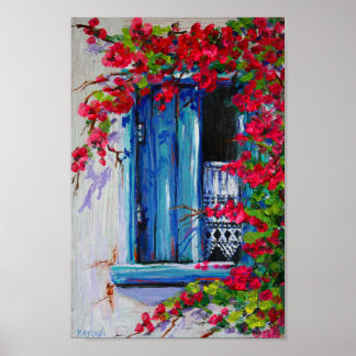 Blauwe luiken met Bougainvillea Poster
