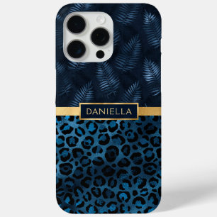 Blauwe Luipaardprint Glitter Tropische Bloem Naam iPhone 15 Pro Max Hoesje