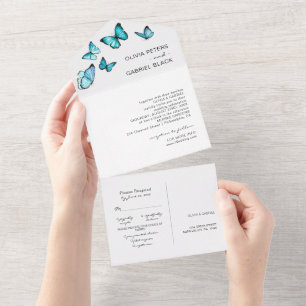 Blauwe luxe vlinders. Elegante luchtige Huwelijk All In One Uitnodiging