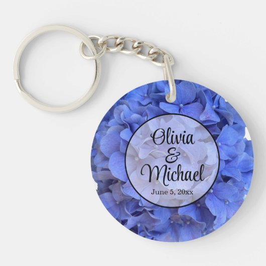 Blauwe maagdenpalm elegante bloemen hortensia's sleutelhanger (Voorkant)