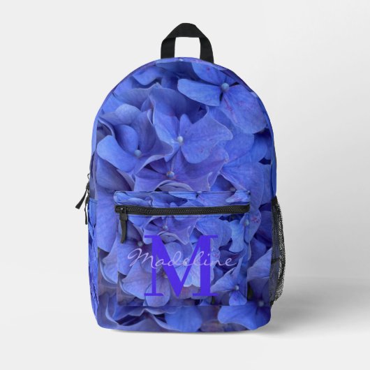 Blauwe maagdenpalm elegante bloemhortensia's monog bedrukte rugzak (Voorkant)