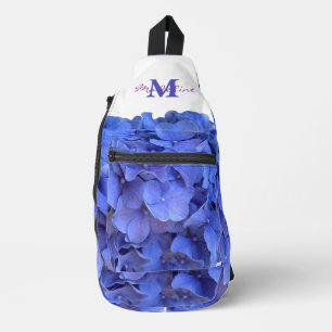 Blauwe maagdenpalm elegante bloemhortensia's monog sling bag