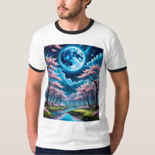 Blauwe Maan en Cherry Blossom Tshirt Art