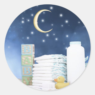 Blauwe Maan en Sterren Baby Shower Ronde Sticker