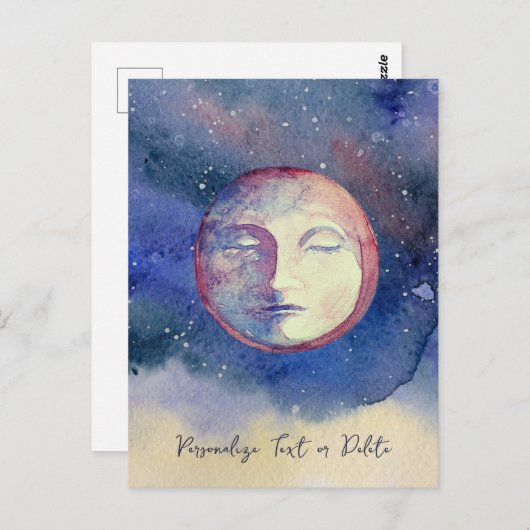 Blauwe Maan Waterverf Cute Vintage Hekserij Hemels Briefkaart (Voorkant / Achterkant)