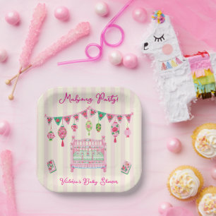 Blauwe Mahjong Baby Shower Meisje Papieren Bordje