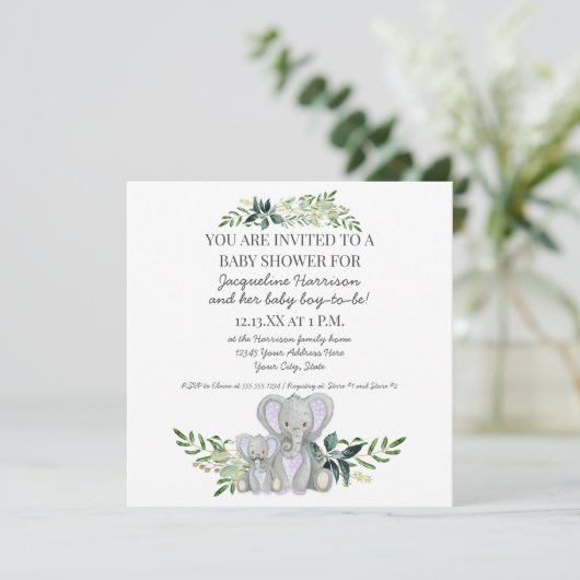 Blauwe mammie op Baby Elephant w Foliage Boy Showe Kaart (Staand voorkant)