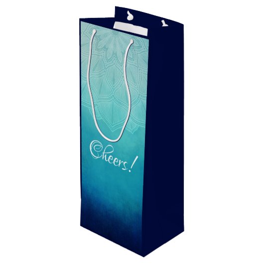 Blauwe Mandala Abstracte Cheers! Wijn Cadeautas (Achterkant Gekanteld)