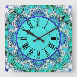 Blauwe mandala acrylwandklok vierkante klok