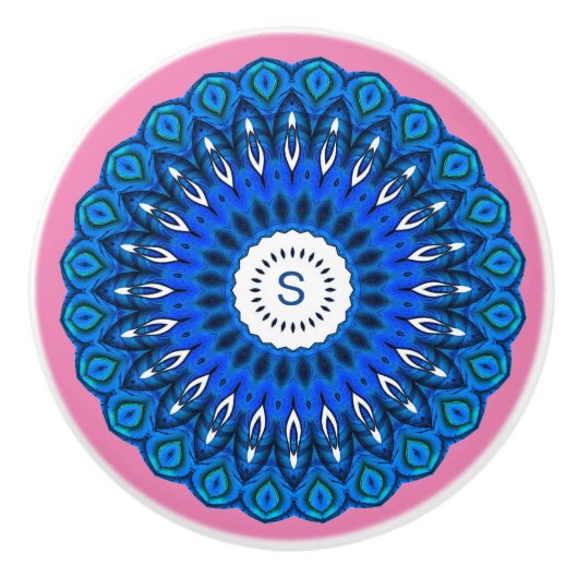 Blauwe Mandala op Roze met één Initialen ladeknop Keramische Knop (Voorkant)