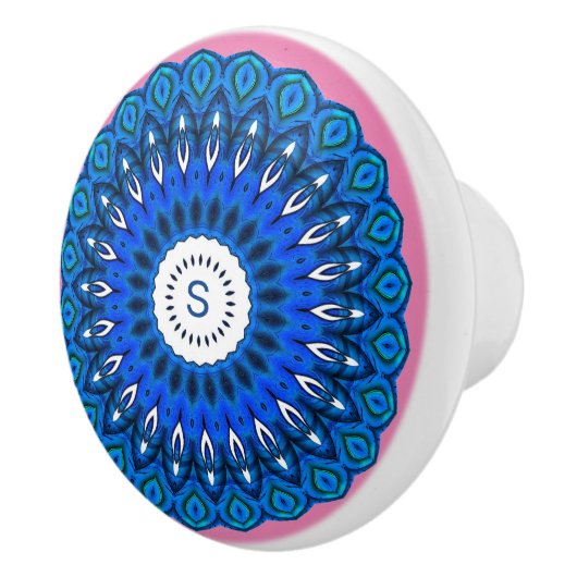 Blauwe Mandala op Roze met één Initialen ladeknop Keramische Knop (Rechts)