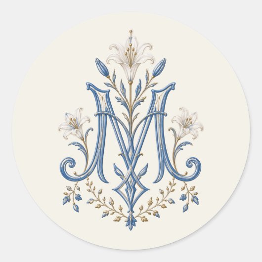 Blauwe Marian Monogram Katholieke Lelies Ronde Sticker (Voorkant)