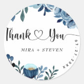 Blauwe marine waterverf bloemenbruiloft dank u ronde sticker (Voorkant)