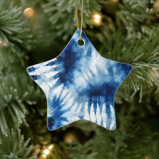 Blauwe Marine Witte Streep Tie Dye Keramisch Ornament (Boom)
