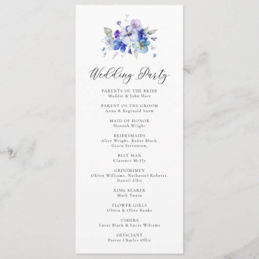 Blauwe marinelavendel Lila bloemenrustieke bruilof Programma (Achterkant)