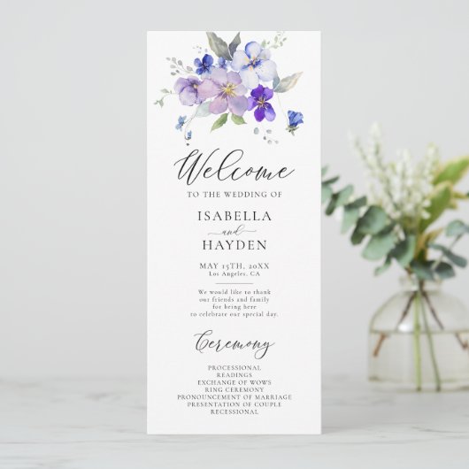 Blauwe marinelavendel Lila bloemenrustieke bruilof Programma (Staand voorkant)