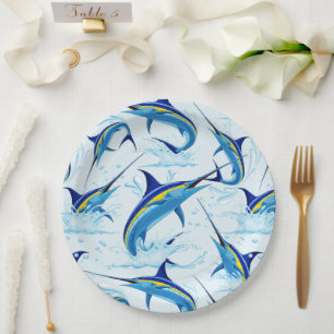 Blauwe Marlijn Springt uit Oceaan Papieren Bordje