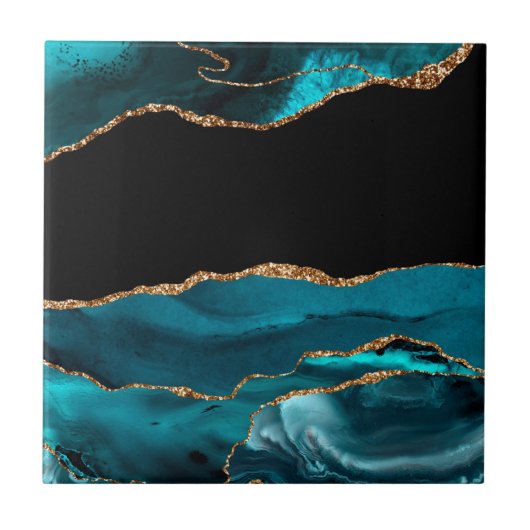 Blauwe marmer Agate Glamoureuze Black Golden Glitt Tegeltje (Voorkant)