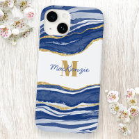 Blauwe marmer Agate Gold Glitter Monogram Naam