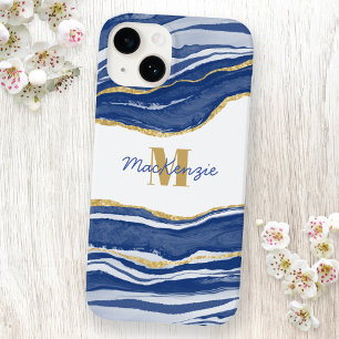 Blauwe marmer Agate Gold Glitter Monogram Naam Case-Mate iPhone 14 Hoesje