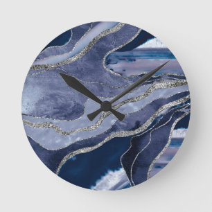 Blauwe marmer Agate Silver Glitter Glam #1  Ronde Klok