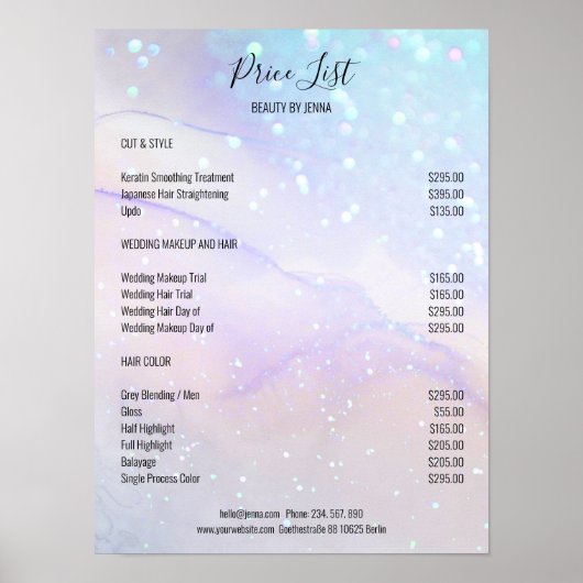 Blauwe marmer Glitter Salon Price Lists Poster (Voorkant)