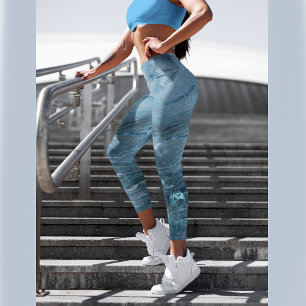  Blauwe marmer met een roos op elk been Leggings