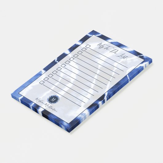 Blauwe marmer met kleurstof Waterverf Monogram om  Post-it® Notes (Schuin)