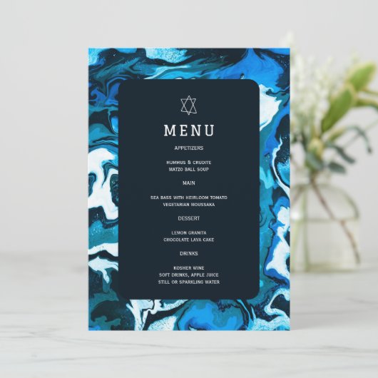 Blauwe Marmeren Davidster Aangepaste Bar Mitswa Menu (Staand voorkant)