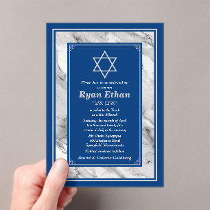 Blauwe marmeren ster van David Bar Mitswa Acryl Uitnodigingen