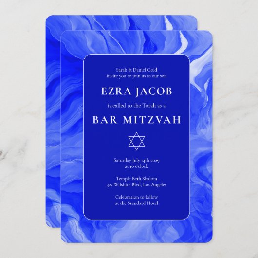 Blauwe Marmeren Ster van David Custom Bar Bat Mitz Kaart (Voorkant / Achterkant)