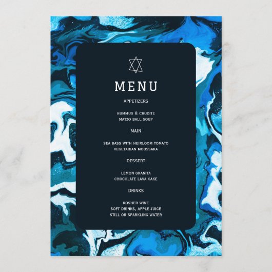 Blauwe Marmeren Ster van David Custom Bar Bat Mitz Menu (Voorkant)