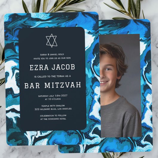 Blauwe Marmeren Verf Custom Photo Bar Bat Mitzvah Kaart