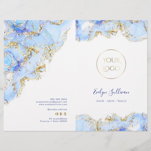 Blauwe marmering design service menu brochure (Voorkant)