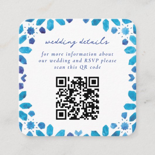 Blauwe Marokkaanse Tegels QR Code Weddenschap Informatiekaartje (Voorkant)