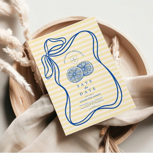 Blauwe Mediterrane Bow Citrus Stripe Wedding Save The Date