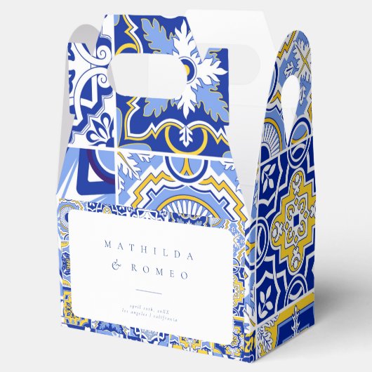Blauwe mediterrane Tegel en Citrus bruiloft Bedankdoosjes (Geopend)