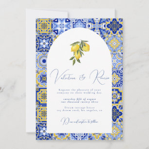 Blauwe mediterrane Tegel en citrus bruiloft Invita Kaart