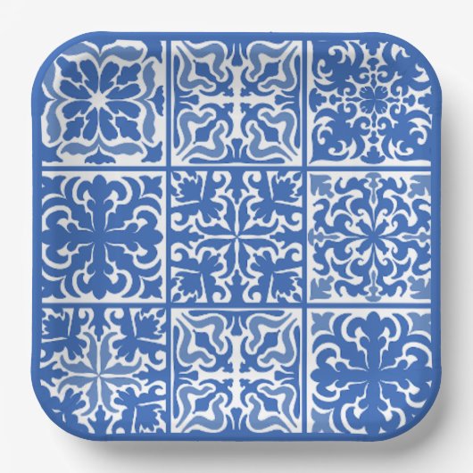 Blauwe Mediterrane tegel trouw- of bruidsfeest Papieren Bordje (Voorkant)