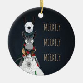 Blauwe "Merrily Merrily" winterdieren Keramisch Ornament
