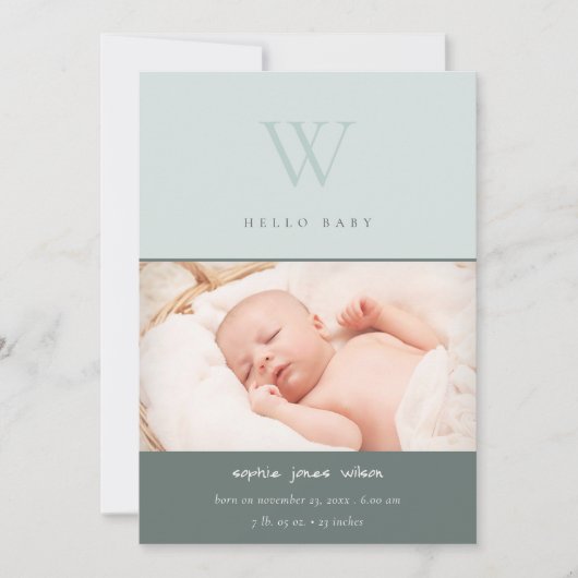 Blauwe minimale monogram foto geboorteaankondiging bedankkaart (Voorkant)