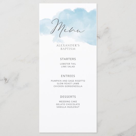 Blauwe, minimalistische babyjongen menu (Voorkant)