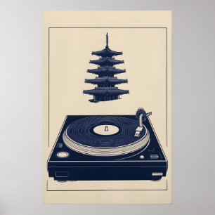 Blauwe Minimalistische Muziek Kunst Vintage Platen Poster